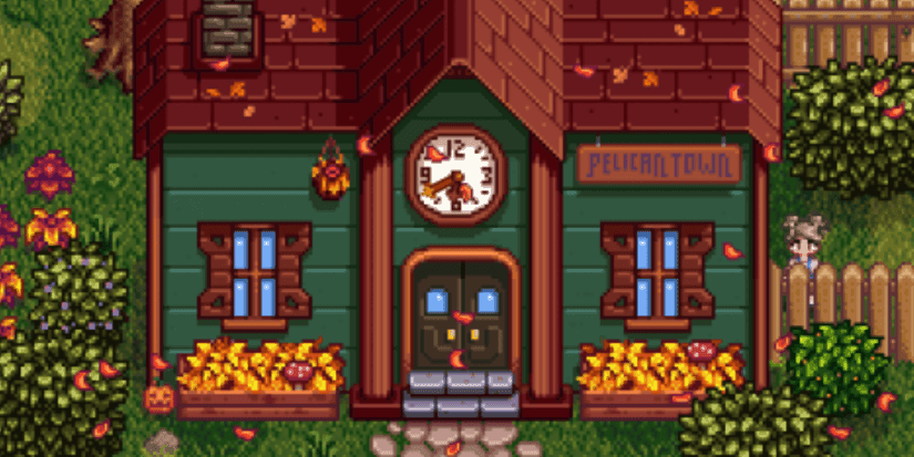 The exterior of the Stardew Valley Community Center fully restored during the fall season.