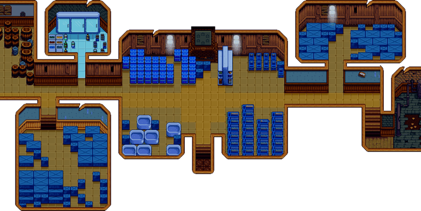 The interior of the JojaMart Warehouse before it is converted in Stardew Valley.