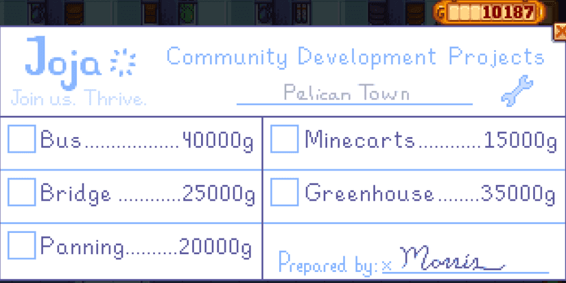 Stardew Valley JojaMart Community Development Projects form showing corporate costs for town upgrades.