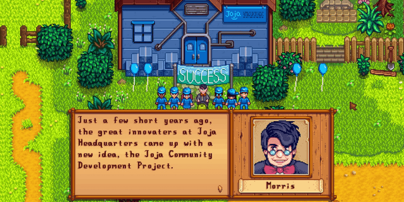 Morris gives a speech in front of the completed JojaMart warehouse in Stardew Valley.