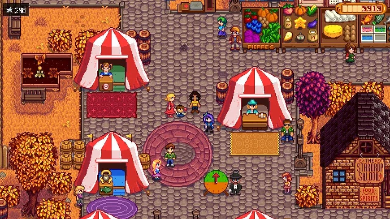 A bustling autumn marketplace in Stardew Valley with vendor tents, villagers, and seasonal food stalls.