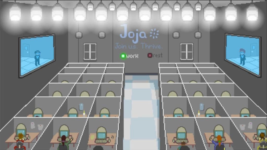 The soul-crushing Joja Corp office cubicles that drive the protagonist to seek a new life in Stardew Valley.