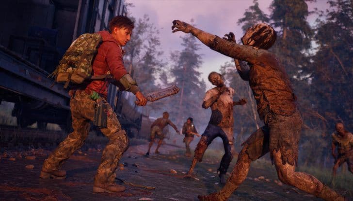 Un sobreviviente empuñando un machete se prepara para el combate contra zombis cerca de un tren en State of Decay 3.