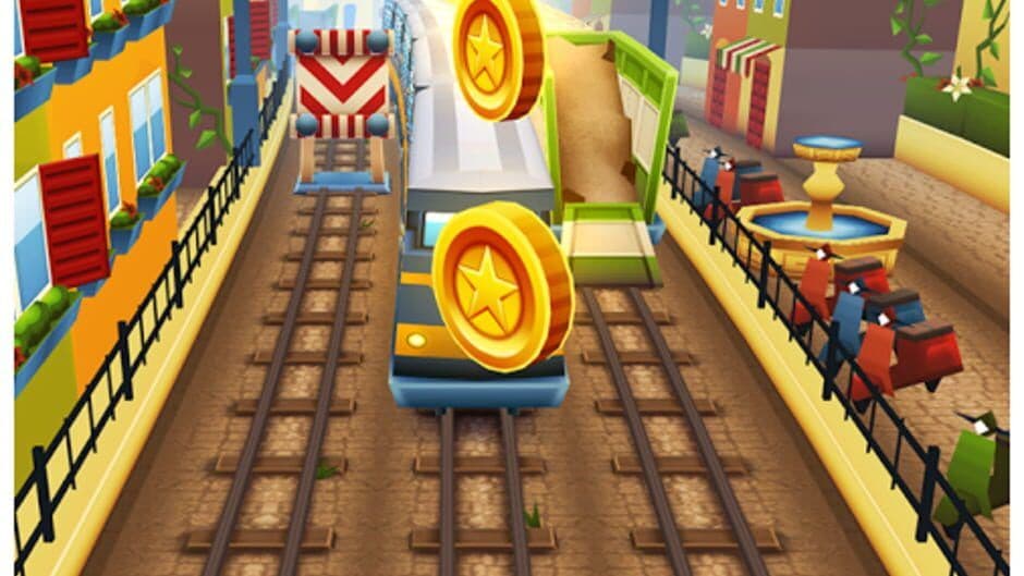Subway Surfers action sequence featuring the character dodging oncoming trains.