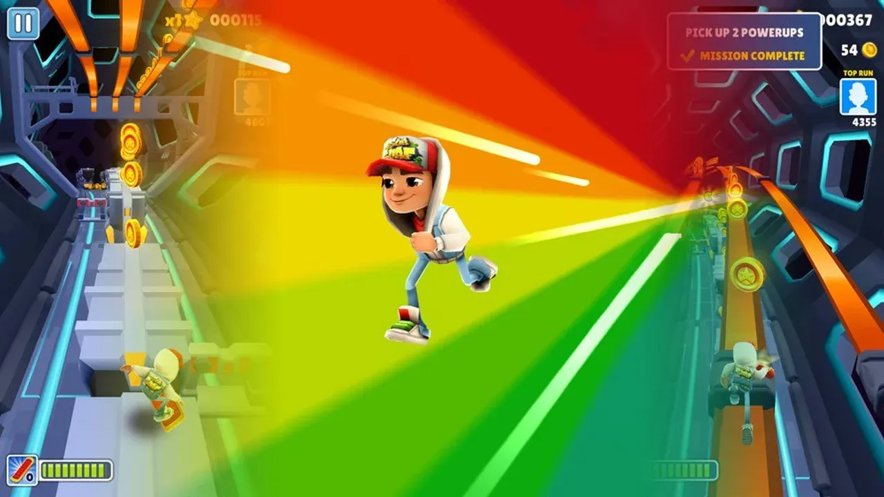 A Subway Surfers character dashes through a neon-lit subway track while collecting gold coins and power-ups.