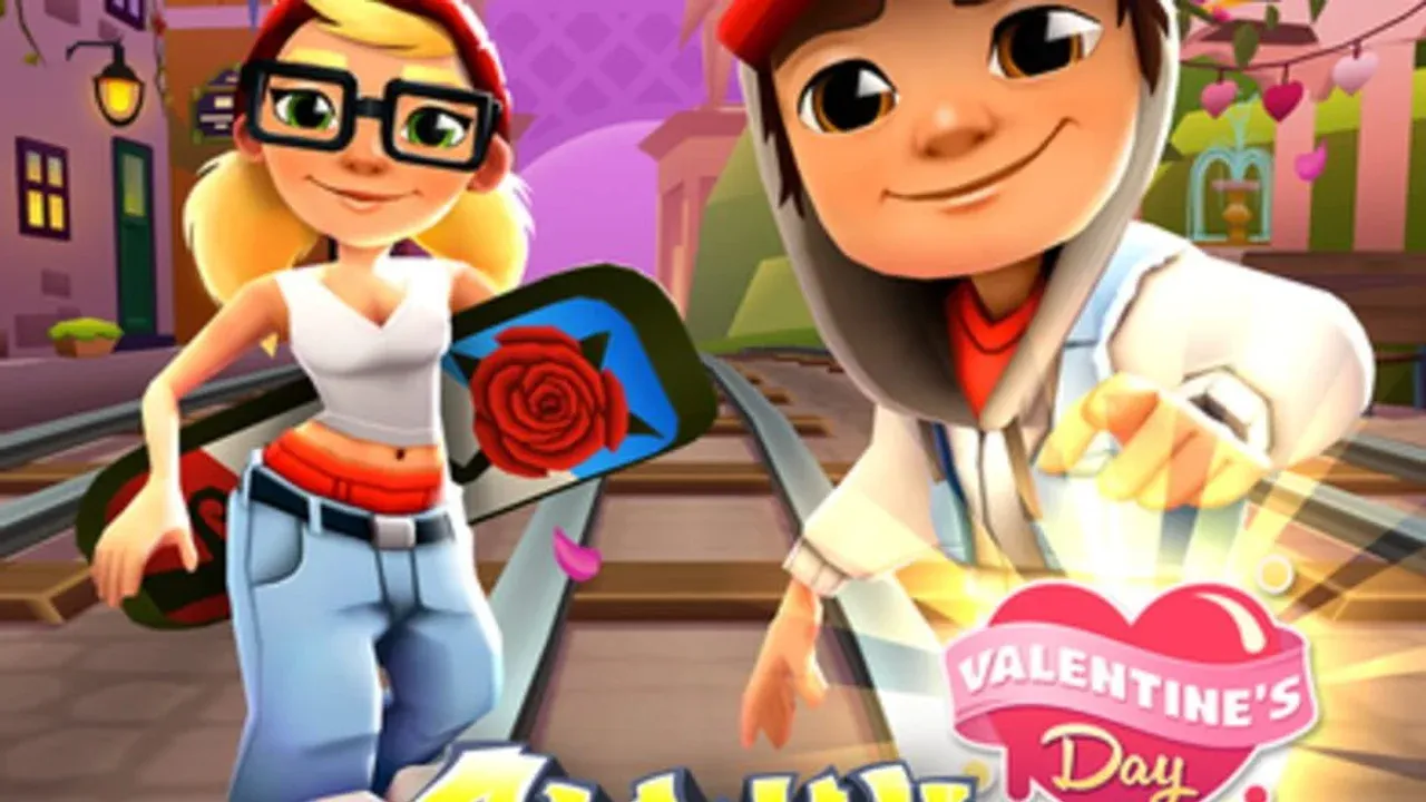 Subway Surfers gameplay screenshot showing a character dodging trains and collecting gold coins on the tracks.