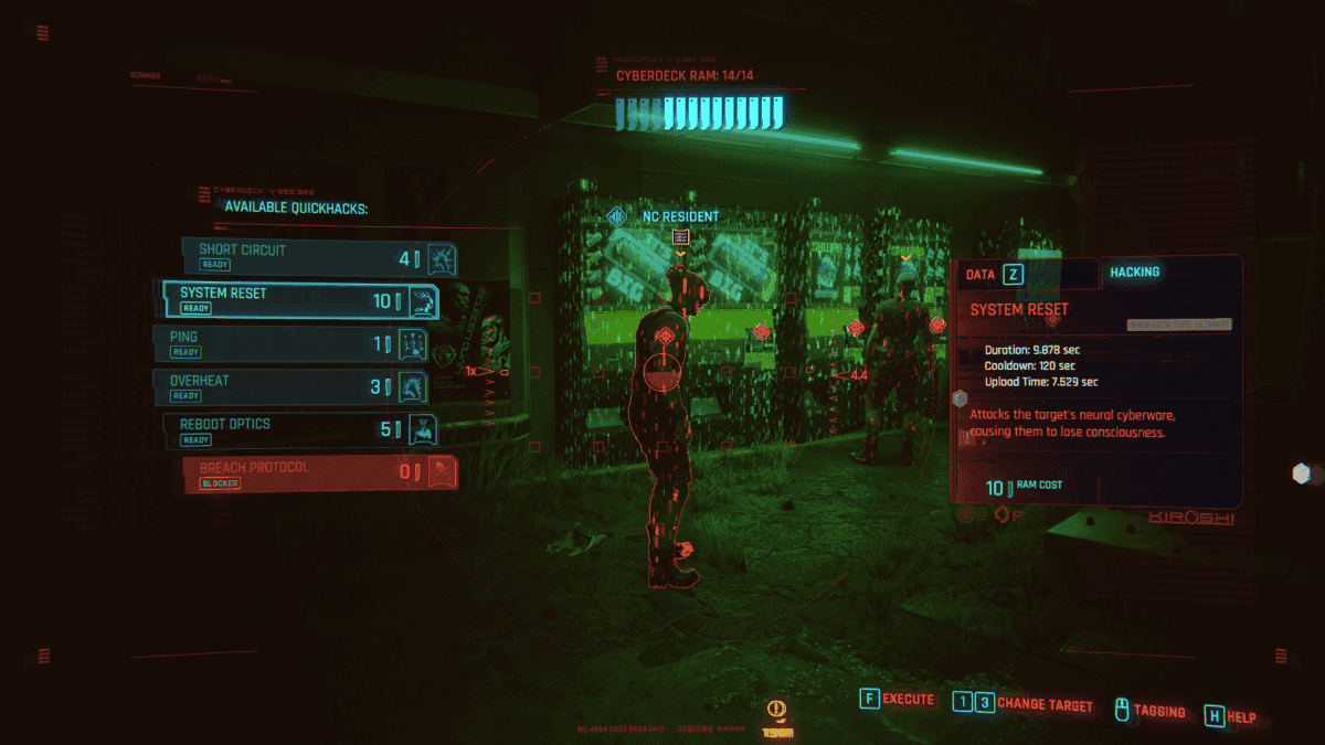 System Reset selected in Cyberpunk 2077's scanner against an enemy.