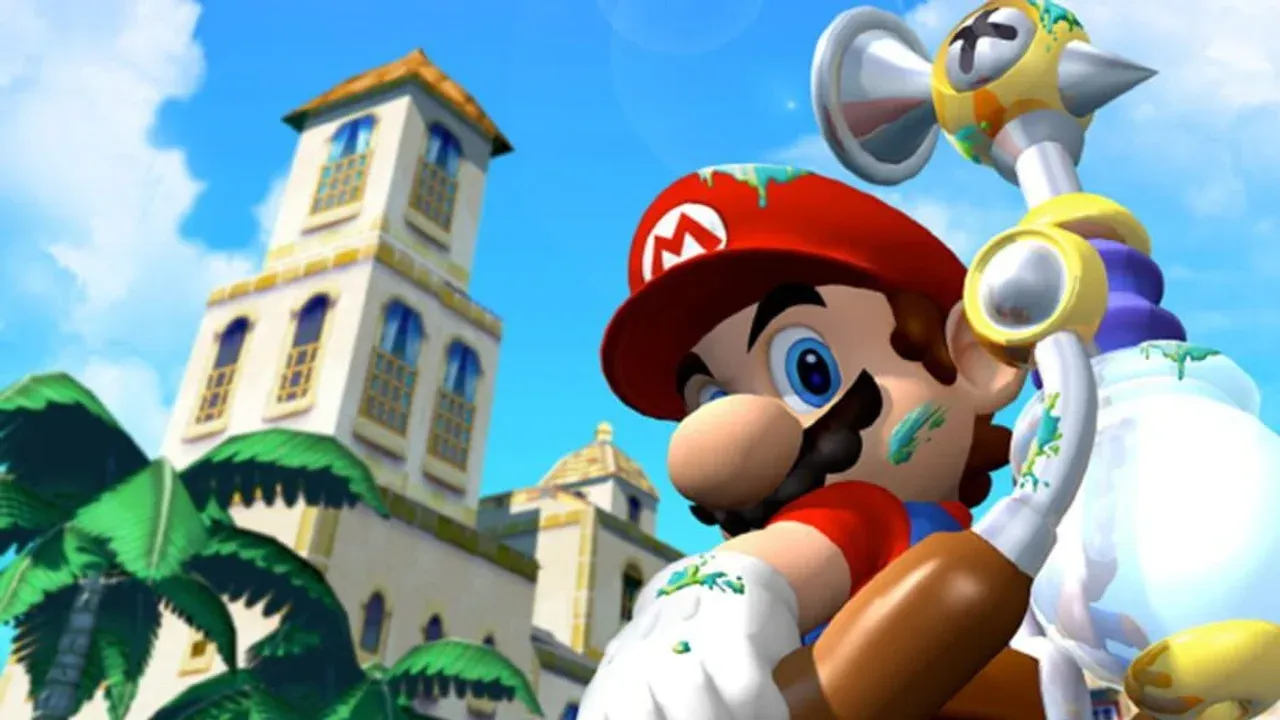 Mario rides a pink Yoshi through a sunny plaza in this official artwork for Super Mario Sunshine.
