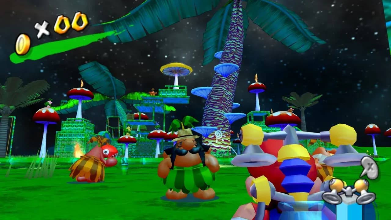 Mario uses the FLUDD hover nozzle to soar over a surreal tropical landscape in this Super Mario Sunshine review image.