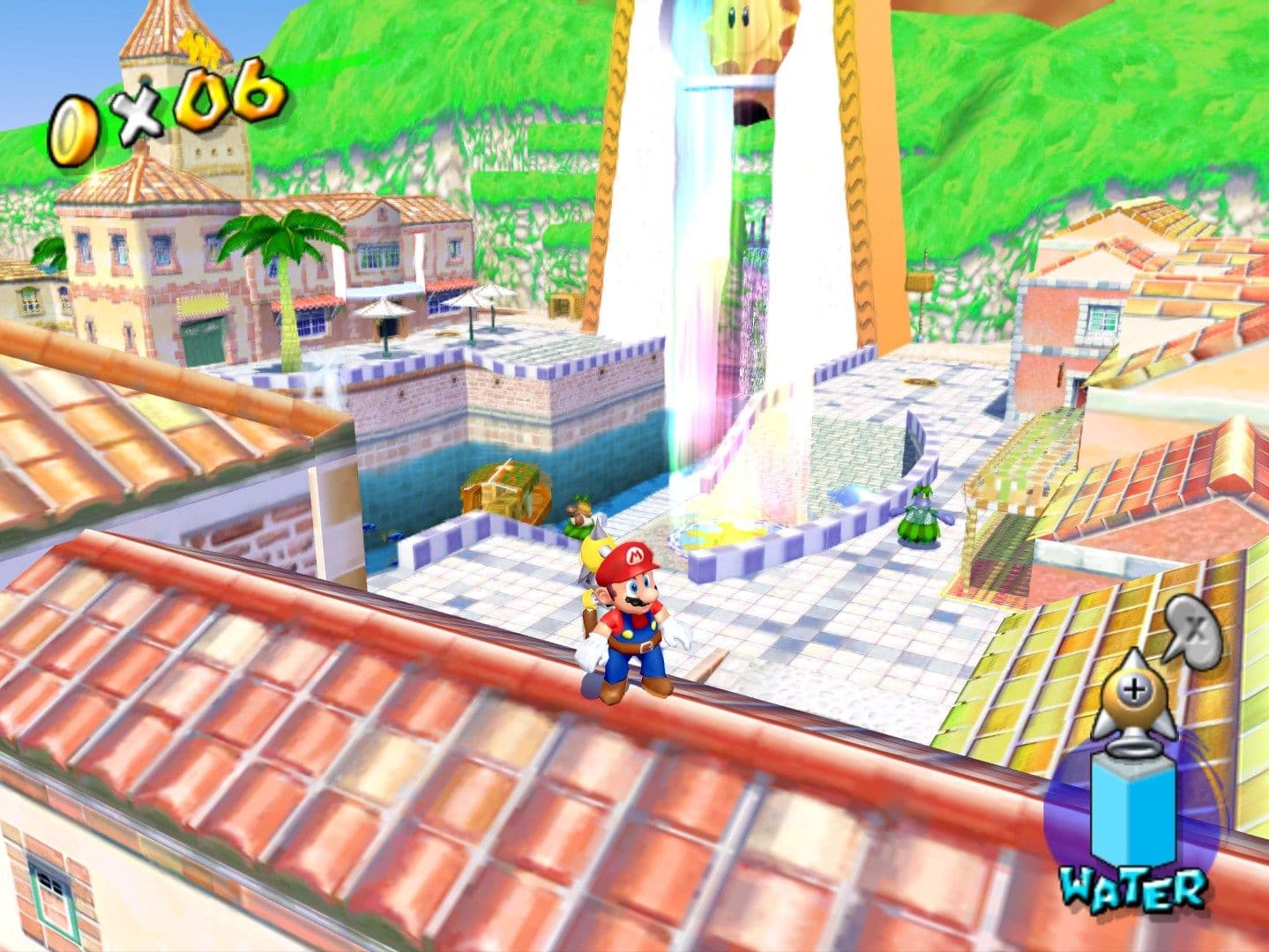 Mario faces off against a boss in Super Mario Sunshine, highlighting the game's varied mission structure.