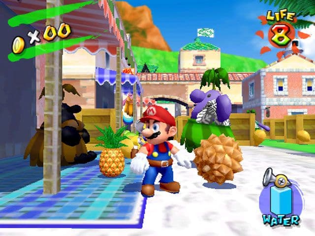 Mario explores the vibrant tropical environment of Isle Delfino in Super Mario Sunshine.