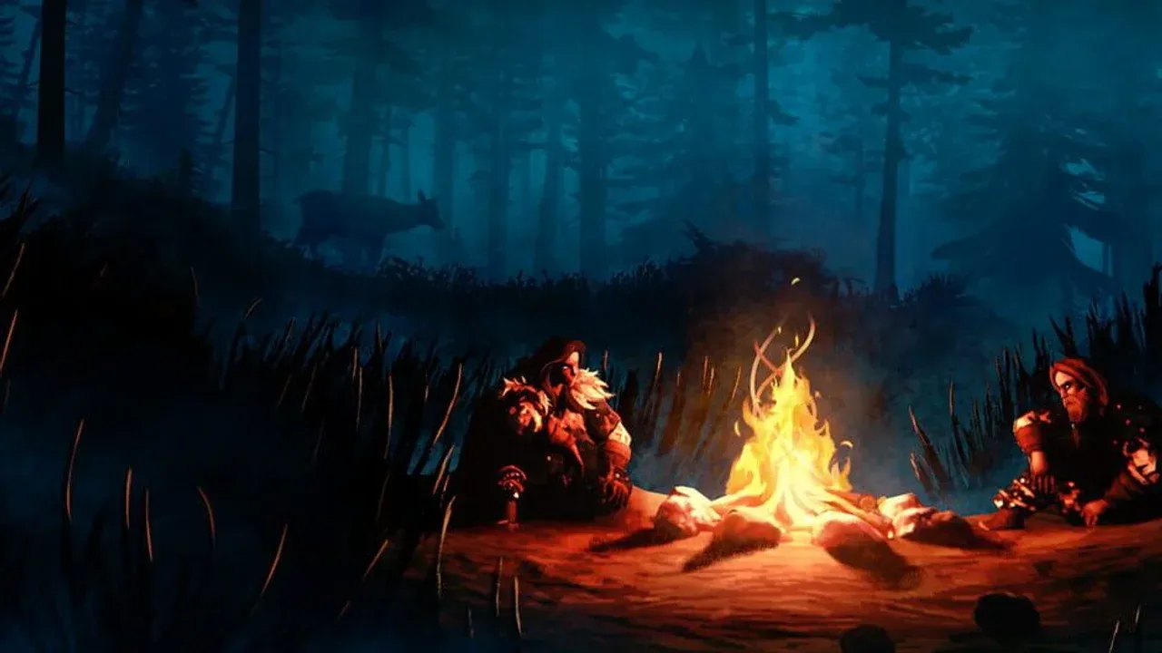 Valheim Vikings gathered around a campfire in the forest