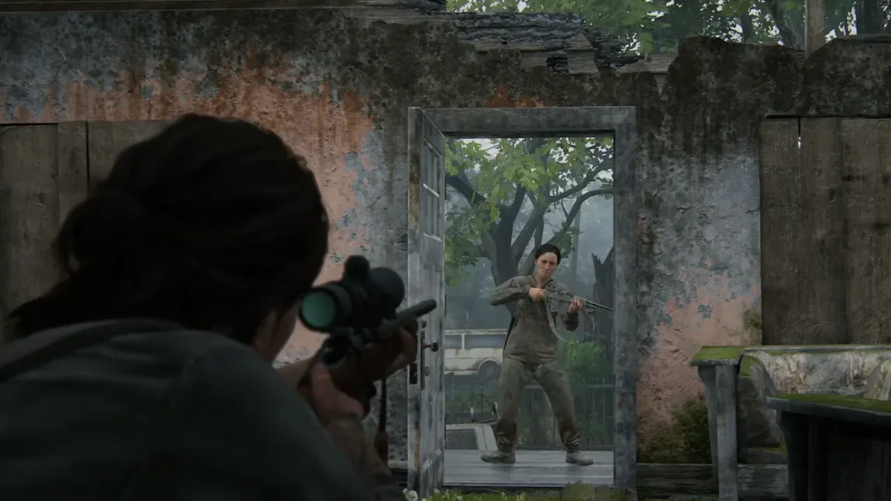 Ellie aims a sniper rifle from cover in The Last of Us Part II, highlighting tactical combat and positioning.