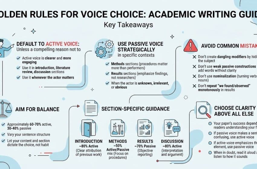 A guide for academic writing titled Golden Rules for Voice Choice with tips on active and passive voice.