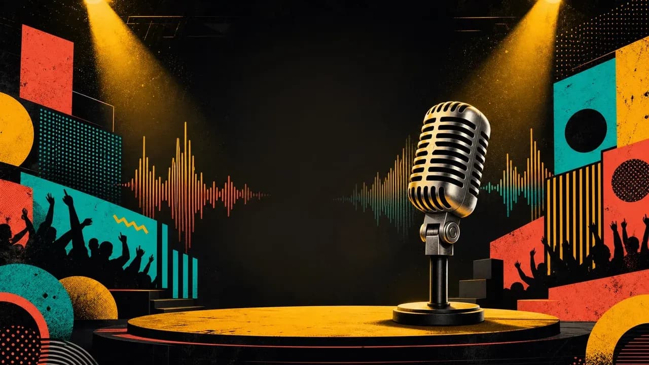 Stylized artwork for The Choicer Voicer featuring a vintage microphone on stage with abstract sound waves.