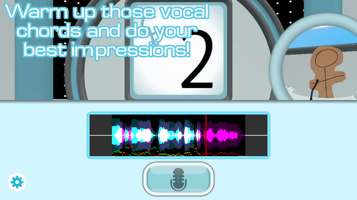 The Choicer Voicer tutorial interface with a colorful waveform and vocal warm-up instructions.