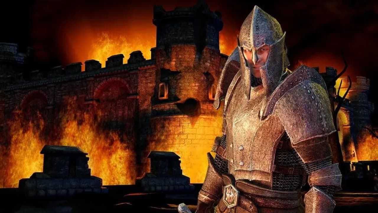 The Elder Scrolls IV Oblivion official artwork featuring a dramatic landscape and the iconic game logo.