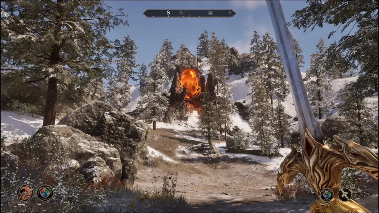 A first-person view of a fiery portal in a snowy mountain landscape in The Elder Scrolls IV: Oblivion Remastered.