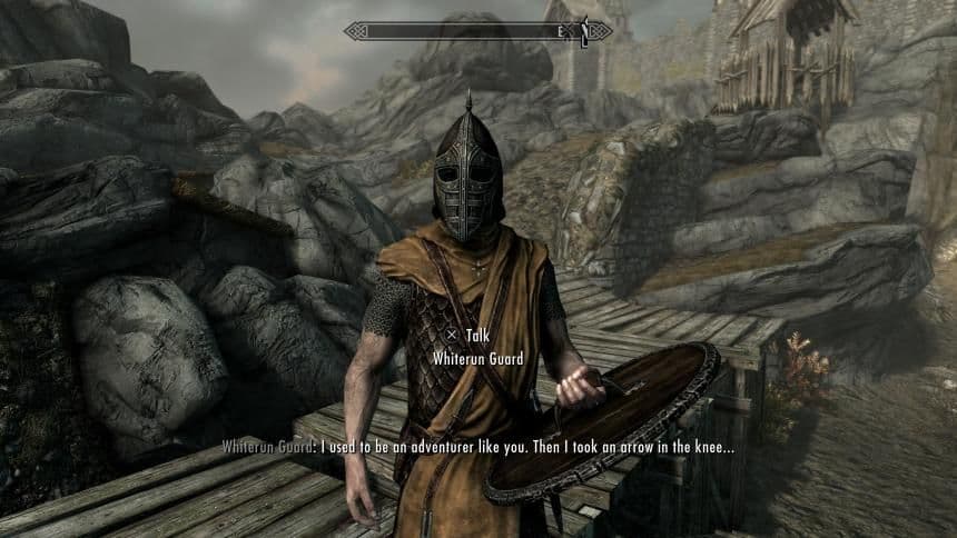 A gameplay scene from The Elder Scrolls V: Skyrim Anniversary Edition highlighting console performance and trophy systems.