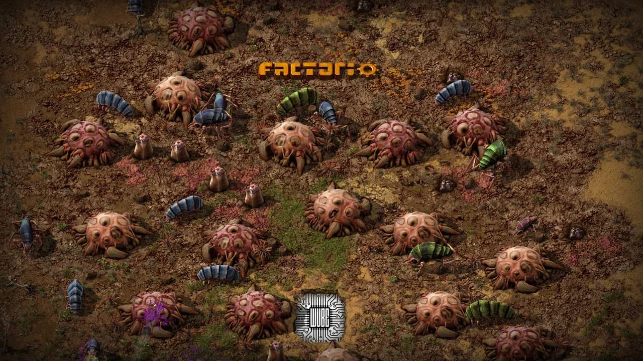 A dense cluster of Factorio biter nests with biters and spitters gathered around them.