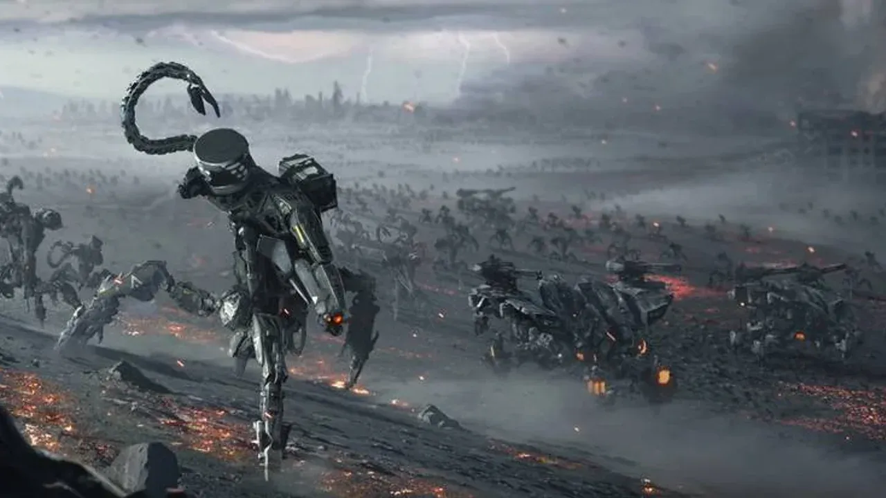 A massive Faro Plague Chariot machine looms over a desolate landscape in Horizon Zero Dawn.