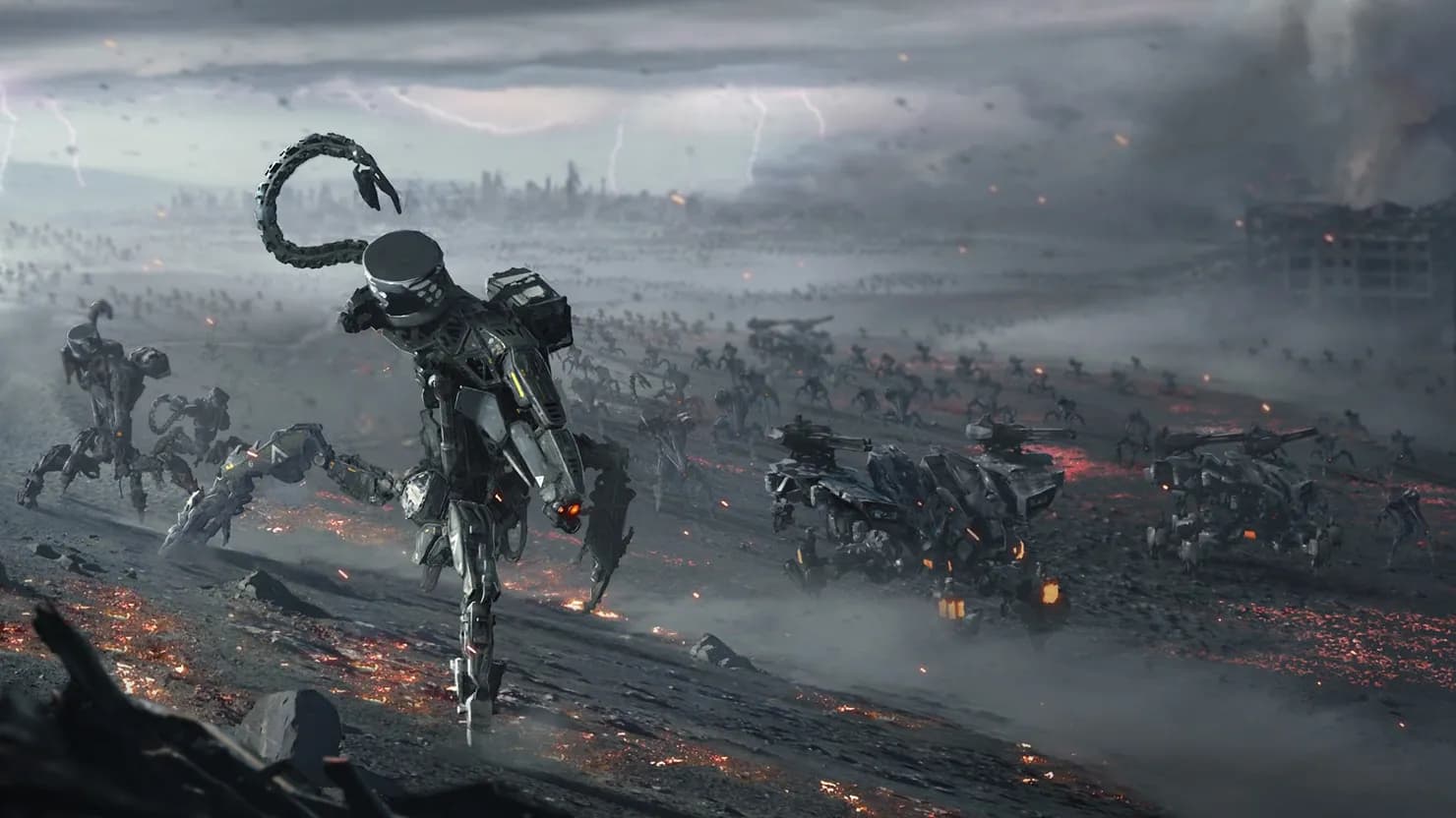 Hostile Chariot Line robots advance across a scorched battlefield during the Faro Plague in Horizon Zero Dawn.