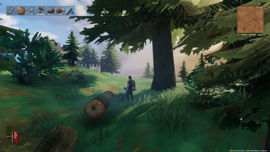 Valheim warrior standing beneath towering forest trees