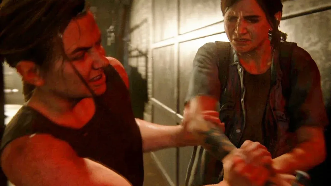Abby Anderson engages in a test of strength against a gritty WLF background in The Last of Us Part II.