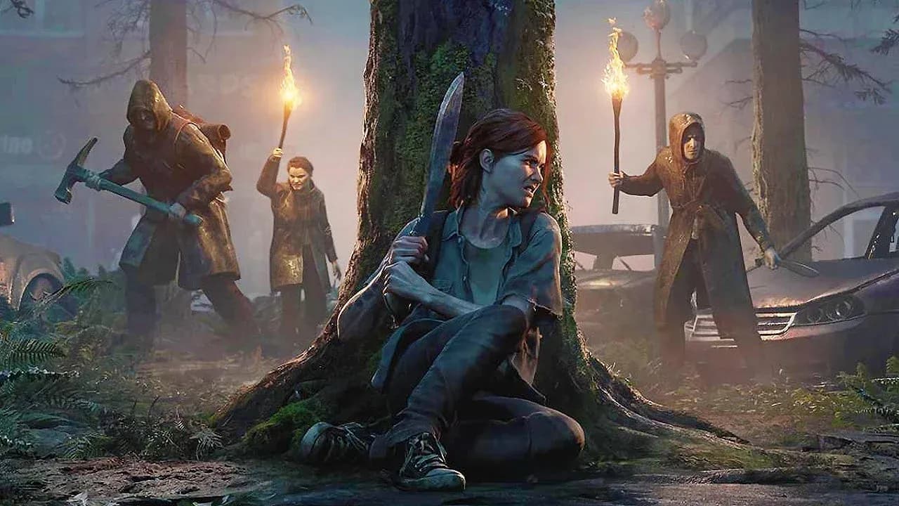 Ellie hides with a knife as enemies with torches search the woods in The Last of Us Part II.