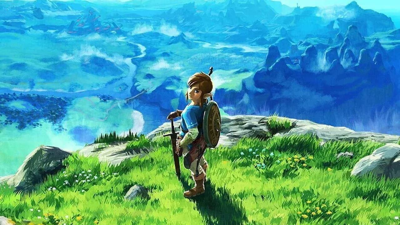 Link stands on a cliff overlooking the vast kingdom of Hyrule in The Legend of Zelda: Breath of the Wild artwork.