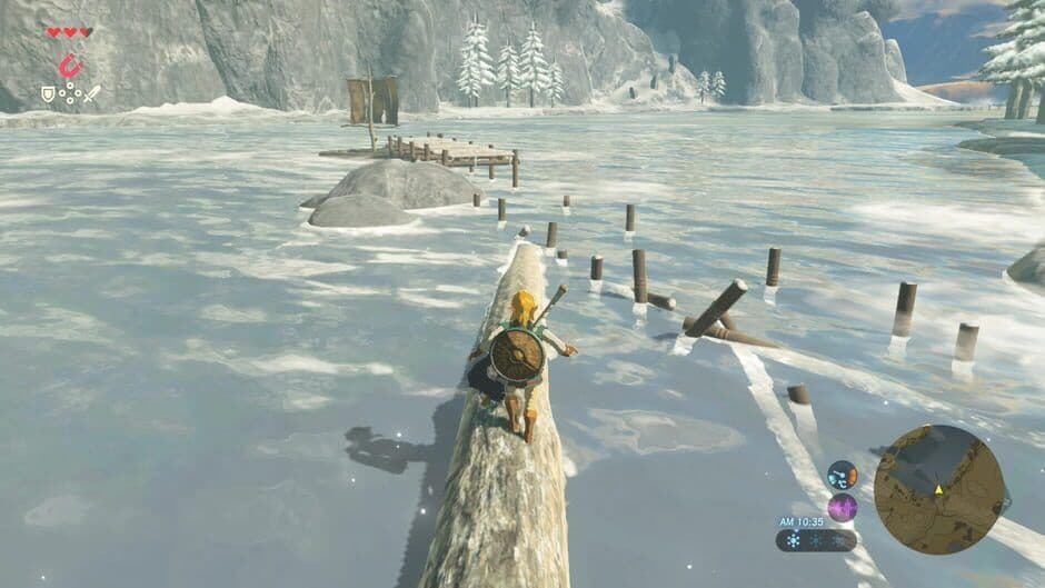 Link explora las ruinas del Templo del Tiempo en la Meseta de los Albores en Breath of the Wild.