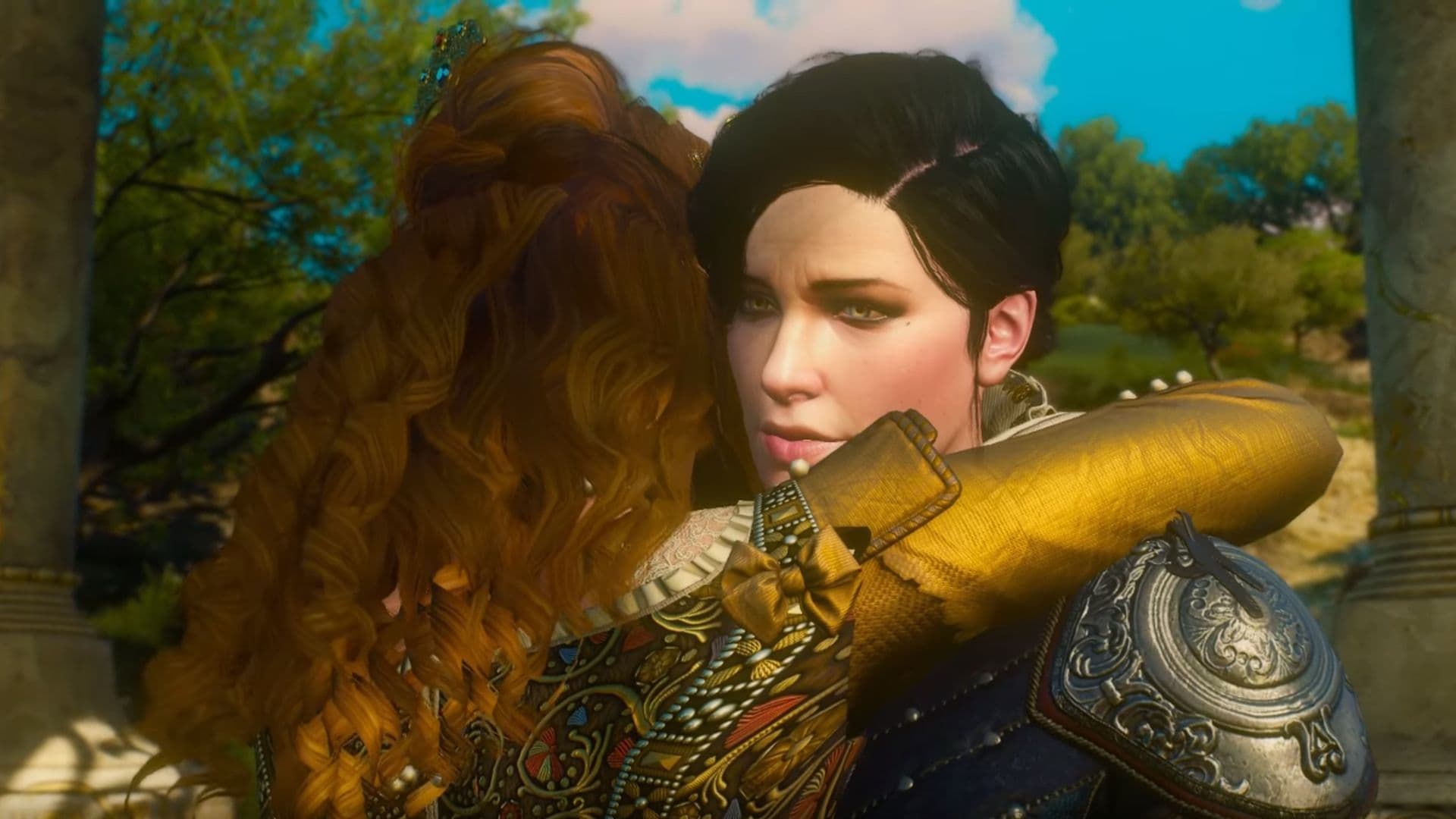 Syanna y Anna Henrietta se abrazan durante el final de reconciliación de The Witcher 3 Blood and Wine.