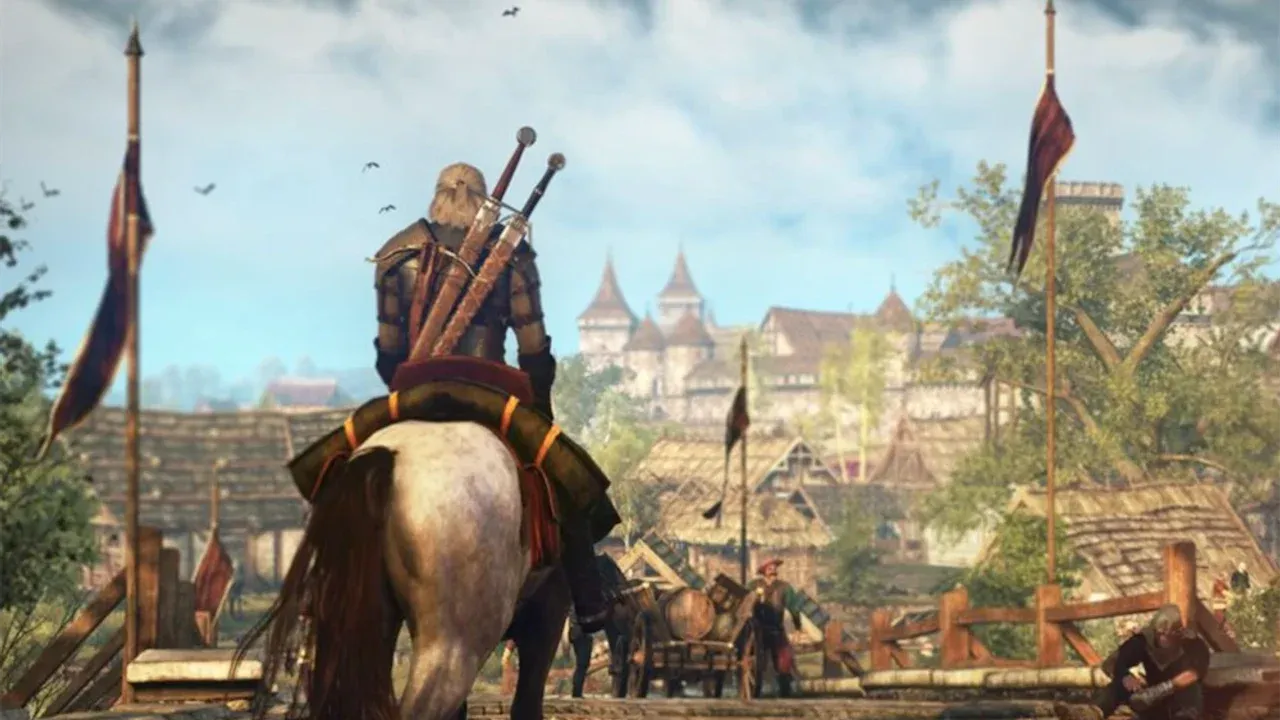 Geralt of Rivia stands with Roach in The Witcher 3 Wild Hunt, showcasing early game gear and exploration.