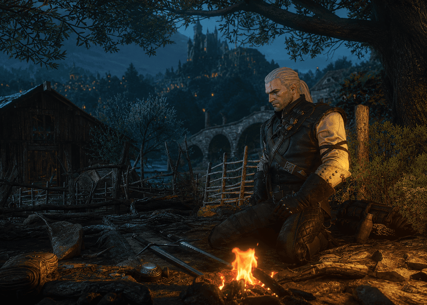 Geralt of Rivia meditating by a campfire in The Witcher 3 to restore health and potions