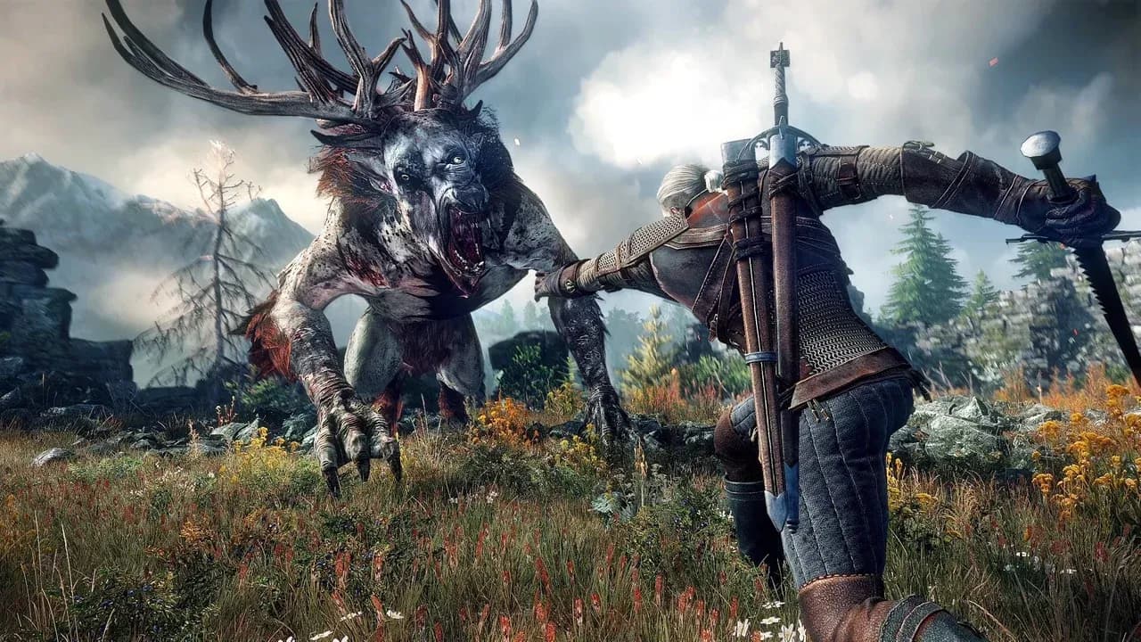 Geralt of Rivia prepares to battle a massive horned beast in the lush mountains of The Witcher 3: Wild Hunt.