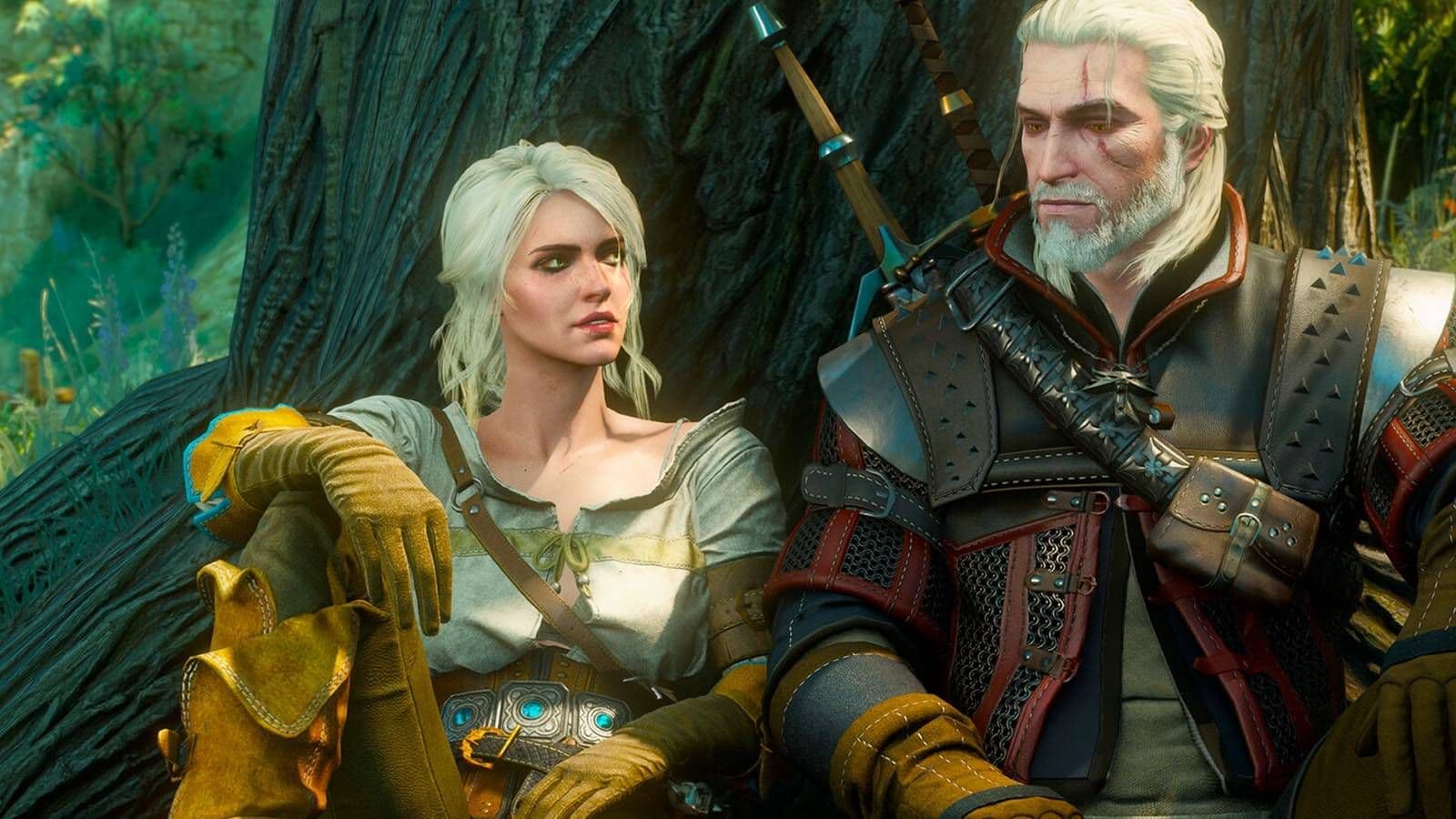 Geralt and Ciri share a quiet moment in a forest, highlighting the core narrative of The Witcher 3.
