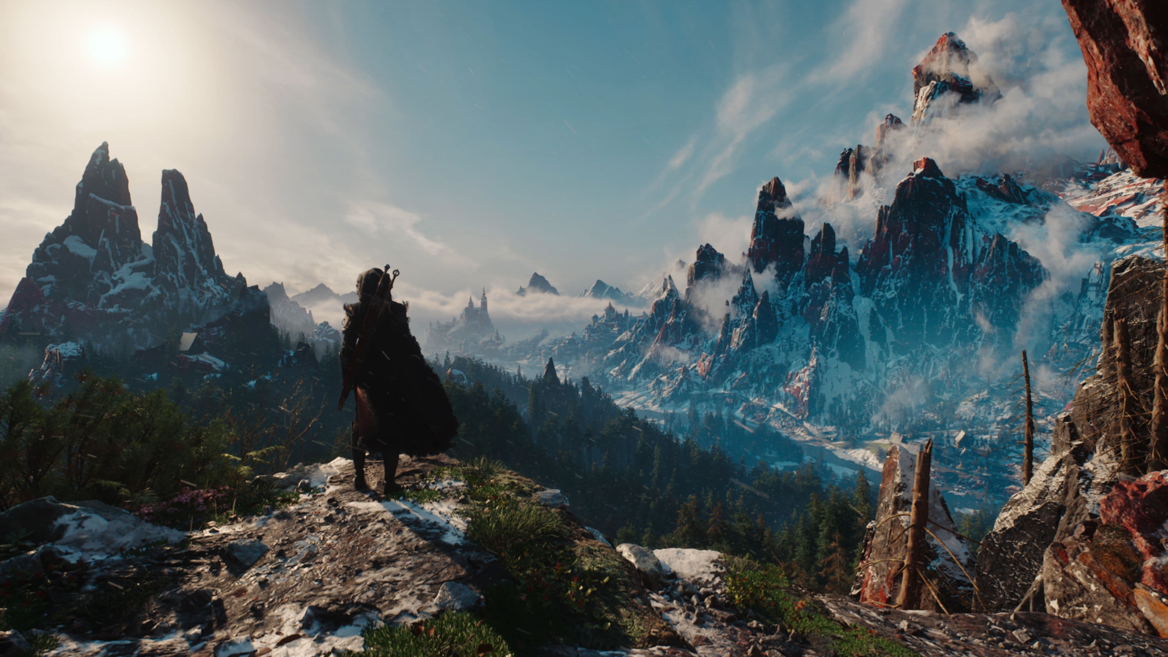 Ciri contempla los exuberantes paisajes montañosos de Kovir en la demo técnica de The Witcher IV.