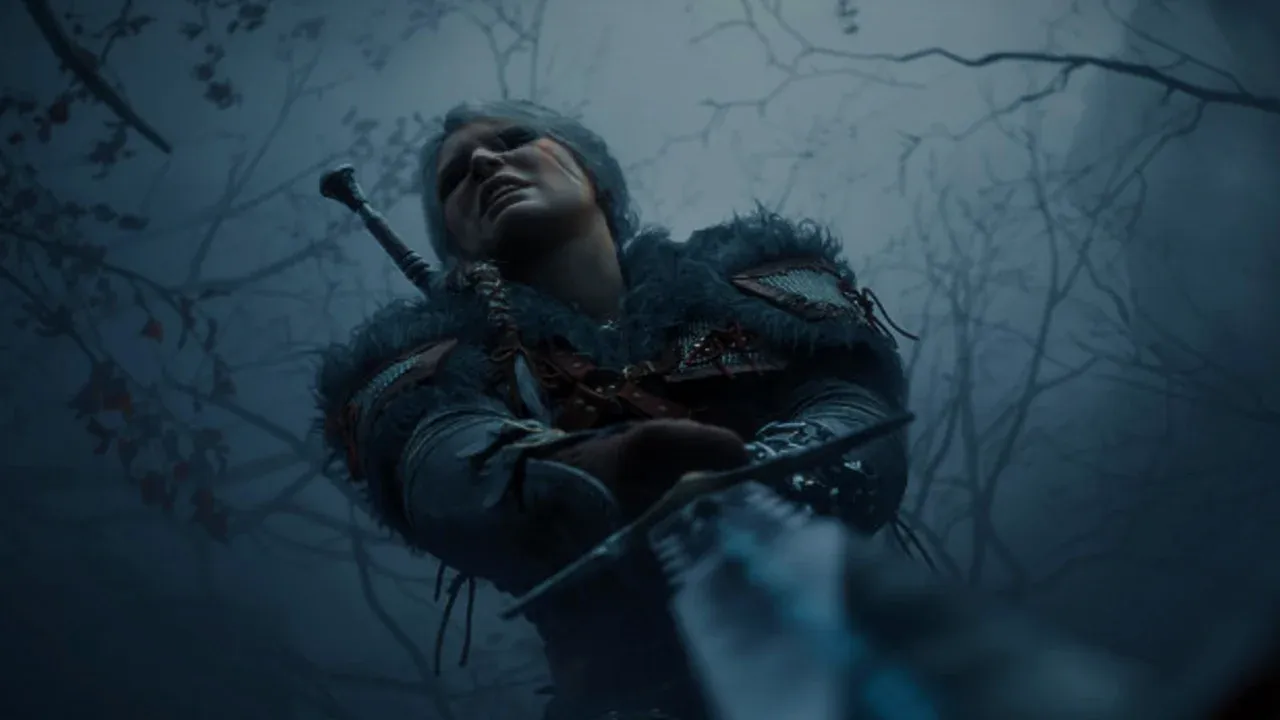 Ciri draws her sword from a fallen enemy in a dark forest during a cinematic scene from The Witcher IV.