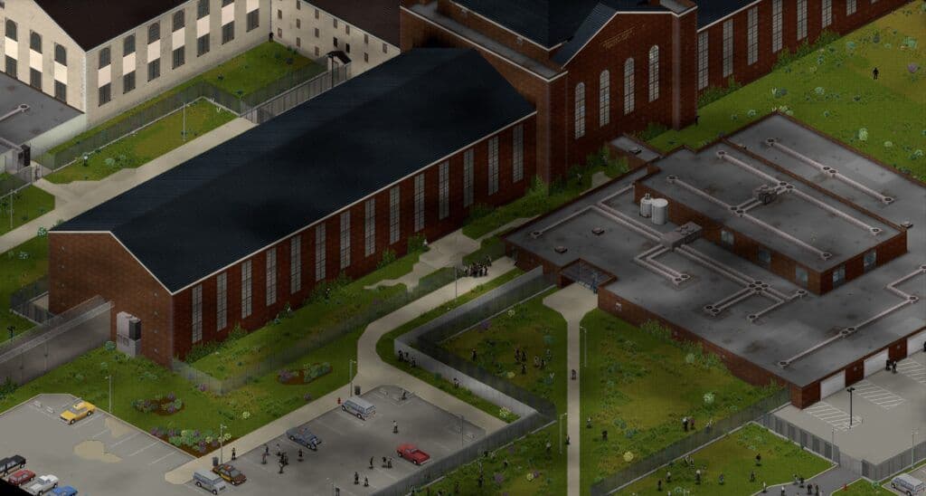 The Kentucky State Penitentiary in Rosewood, rebuilt for Project Zomboid Build 42, with zombies scattered across its yards and car park