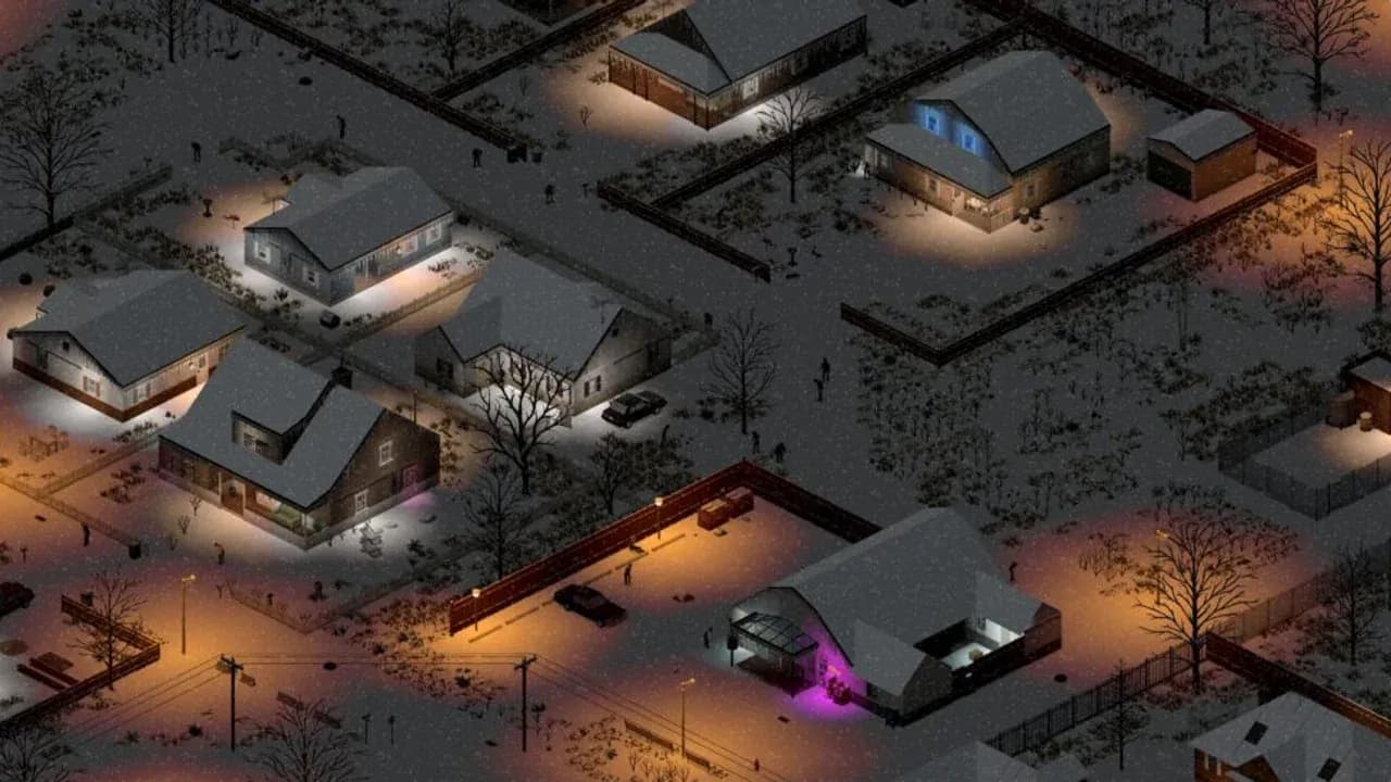 A snowy night in Muldraugh in Project Zomboid Build 42, with lit windows and figures scattered along the suburban streets
