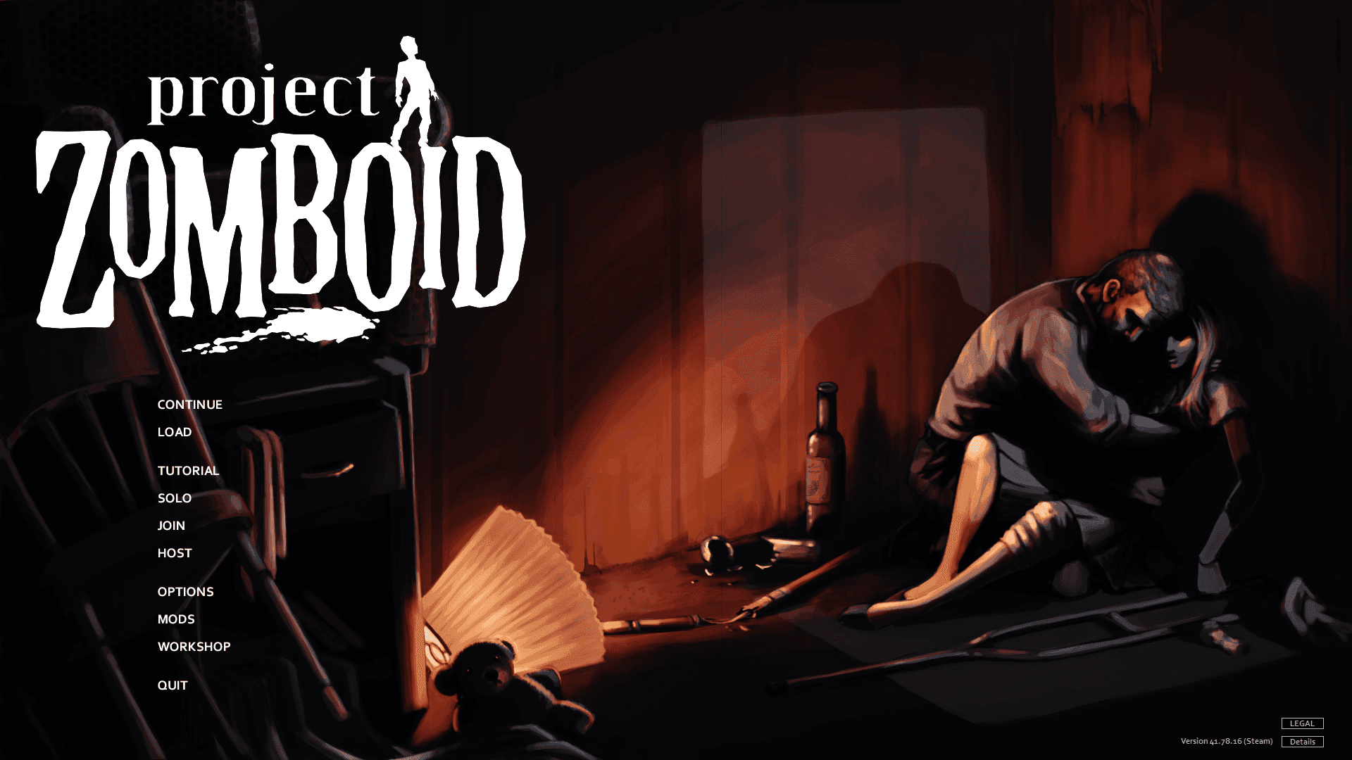 The Project Zomboid Build 41 main menu, showing Bob Smith crouched beside his injured wife Kate in a dark room