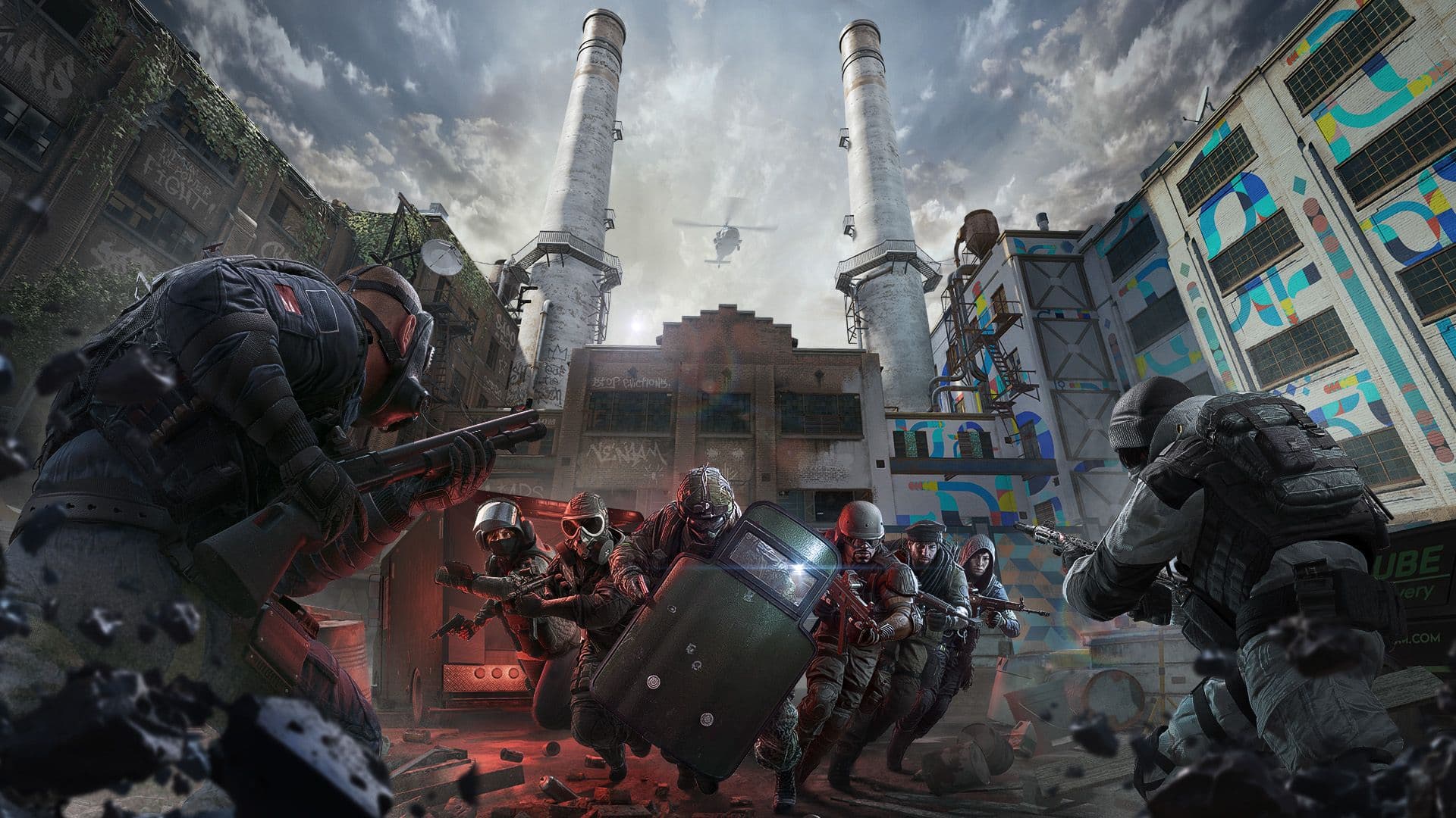 A tactical squad of operators advances through an urban environment in Tom Clancy's Rainbow Six Siege X.