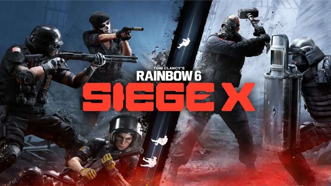 Official key art for Tom Clancy's Rainbow Six Siege X featuring a squad of tactical operators in a combat stance.