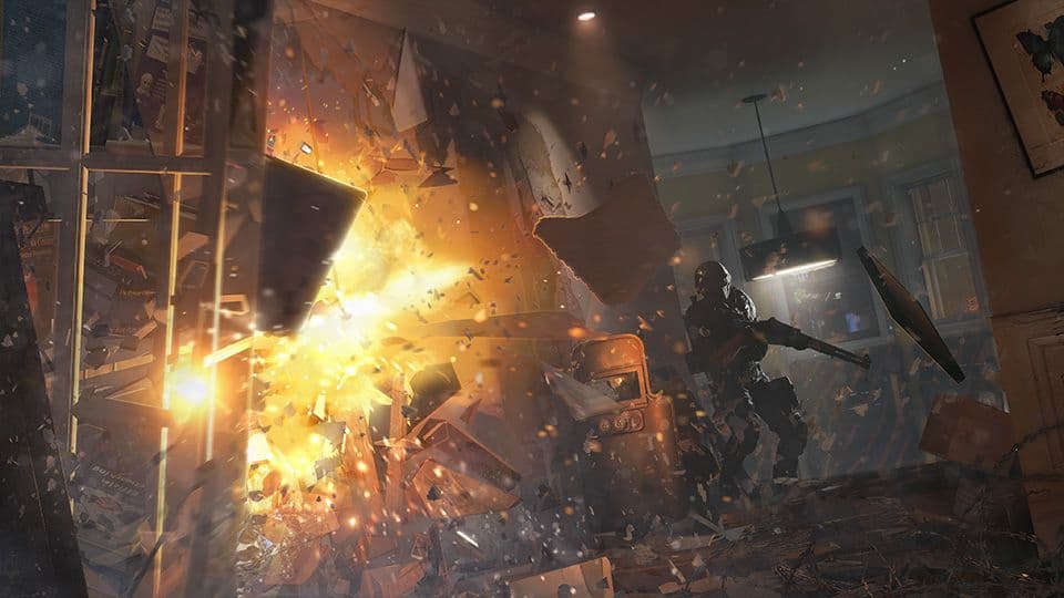 A massive explosion showcases the upgraded destruction physics in Tom Clancy's Rainbow Six Siege X.