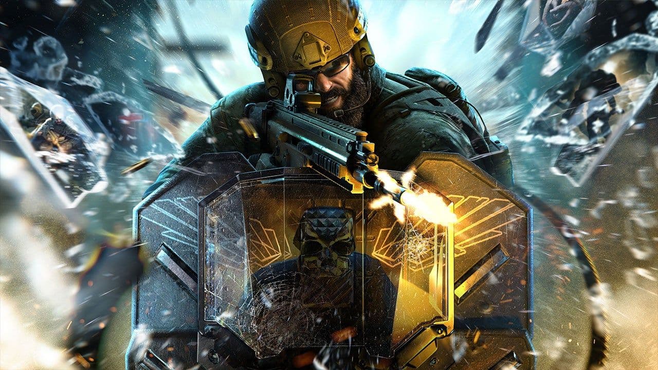 A Rainbow Six Siege X operator smashes through reinforced glass during a high-stakes tactical breach.