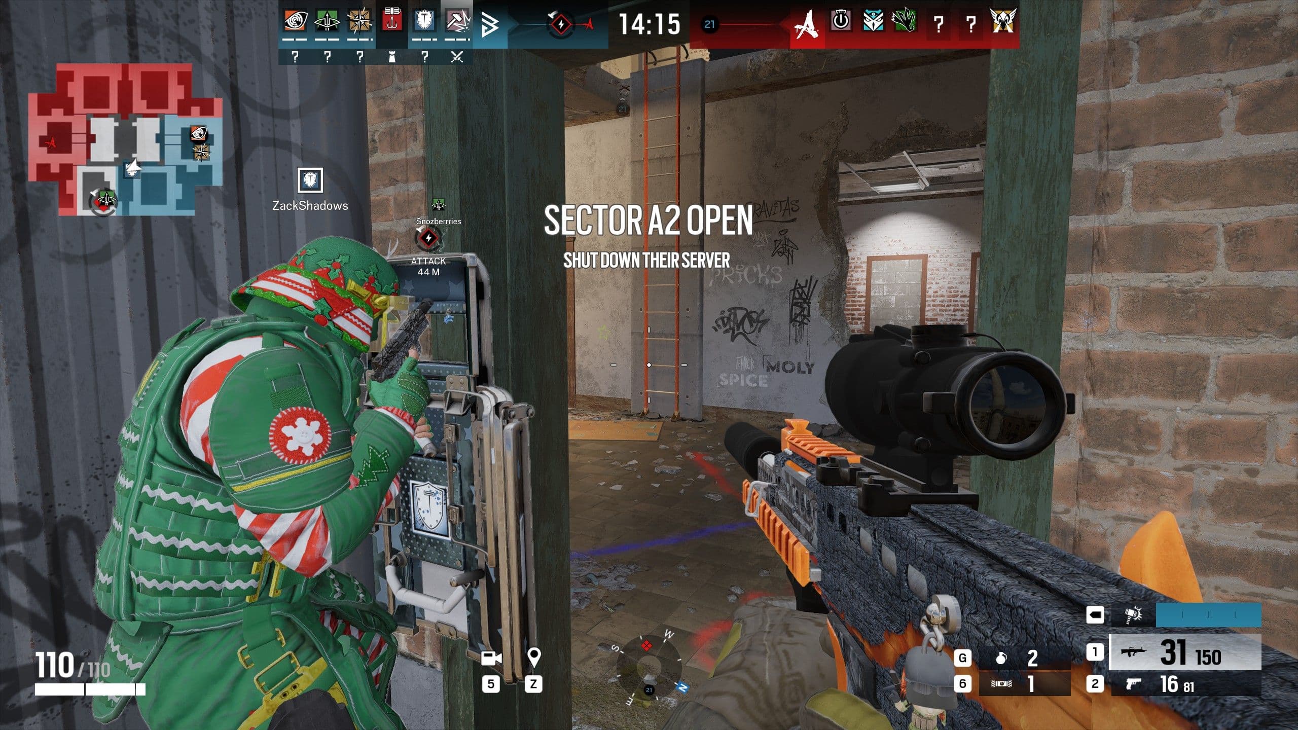 A Rainbow Six Siege X player wearing holiday-themed cosmetics aims a rifle, showcasing the game's diverse monetization options.