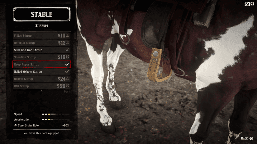 Upgrading horse stirrups in Red Dead Redemption 2 to maximize speed and acceleration.