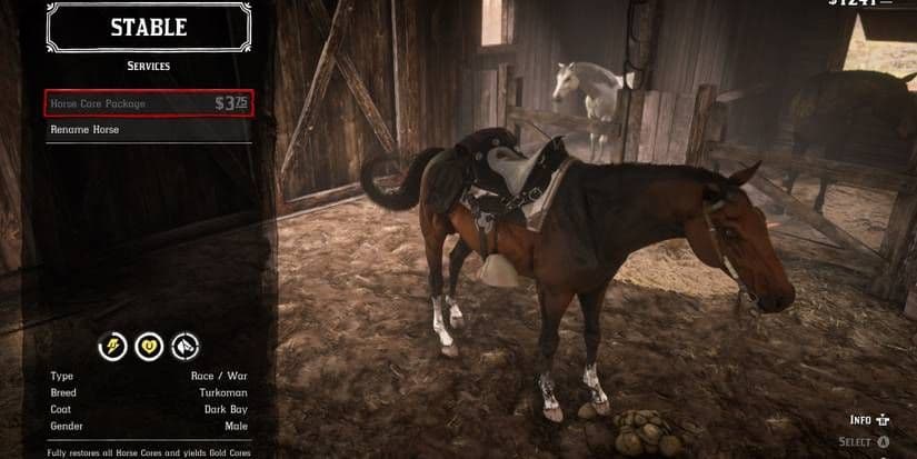 A Turkoman horse stands inside a stable in Red Dead Redemption 2, showcasing its powerful build.