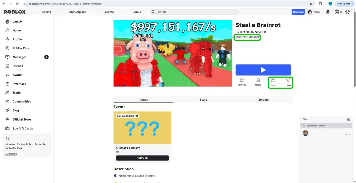 A Roblox game page showing maturity ratings and user reviews for a specific experience.