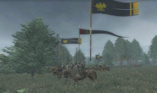 Total War Medieval III weather effects like fog and rain impacting the battlefield terrain and visibility.